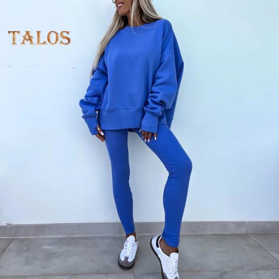 2 шт./комплект женский топ брюки костюм круглый вырез длинный рукав асимметричный подол толстовка эластичный пояс однотонные брюки зимний повседневный спортивный костюм