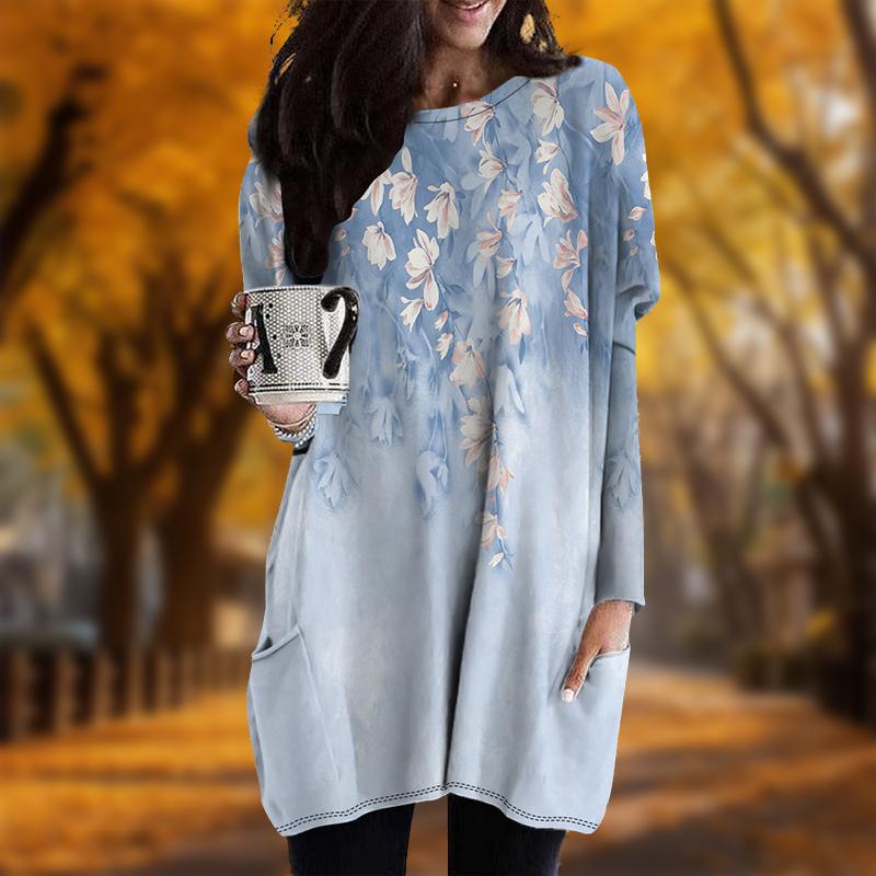 Новинка осени. Платье большого размера с принтом в виде цветка. Женское повседневное платье с круглым вырезом и длинными рукавами. Платья с карманами.