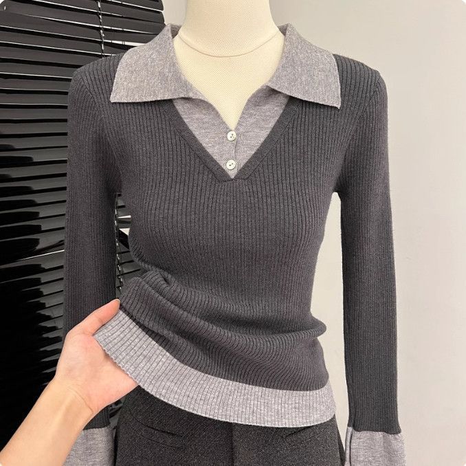 Women's Color-block Polo Knit Sweater Autumn Winter Slim-fit Stretchy Knit Sweater Soft Skin-friendly Knit Pullover