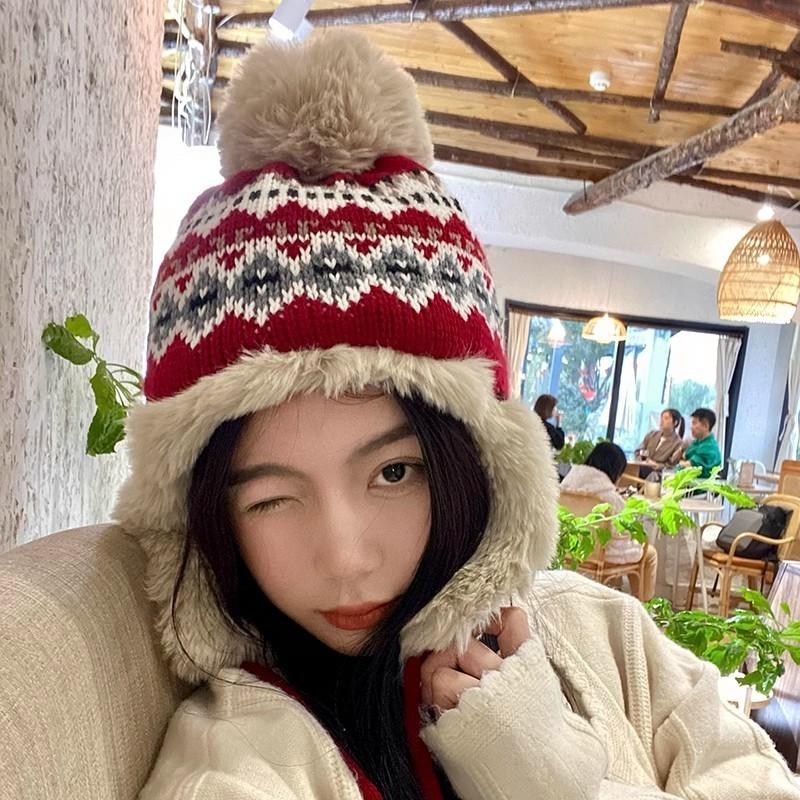 Winter Warm Cute Pom-pom Earflap Beanie Hat For Women High Top Short Brim Knit Ear Warmer Cap Trendy Red