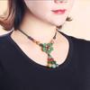 GEMCHIC Women's Vintage Green Agate Flower Necklace Ethnic Style Glass Bead Tassel Choker Jewelry