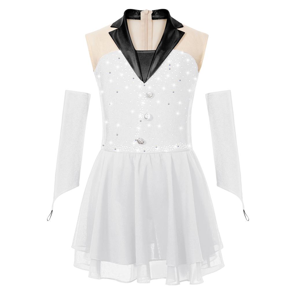 Girls Sparkling Skating Dress Sleeveless Patchwork One Piece with Fingerless Gloves Built In Briefs Performance Costume