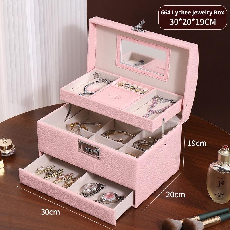 Minimalist High-end Jewelry Storage Box Pu Multi-layer Multi-function Large-capacity Jewelry Box with Mirror and Lock