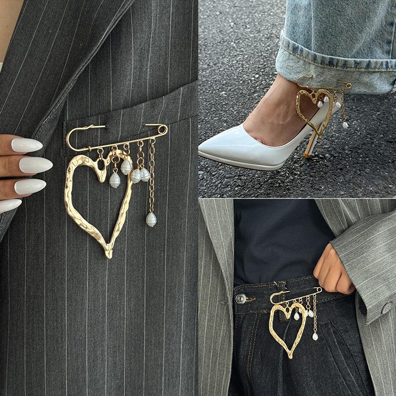 Creative Beaded Heart Shaped Tassel Metal Brooches Adjusting The Pant Legs Belt Safety Pin Versatile Clothing Decor