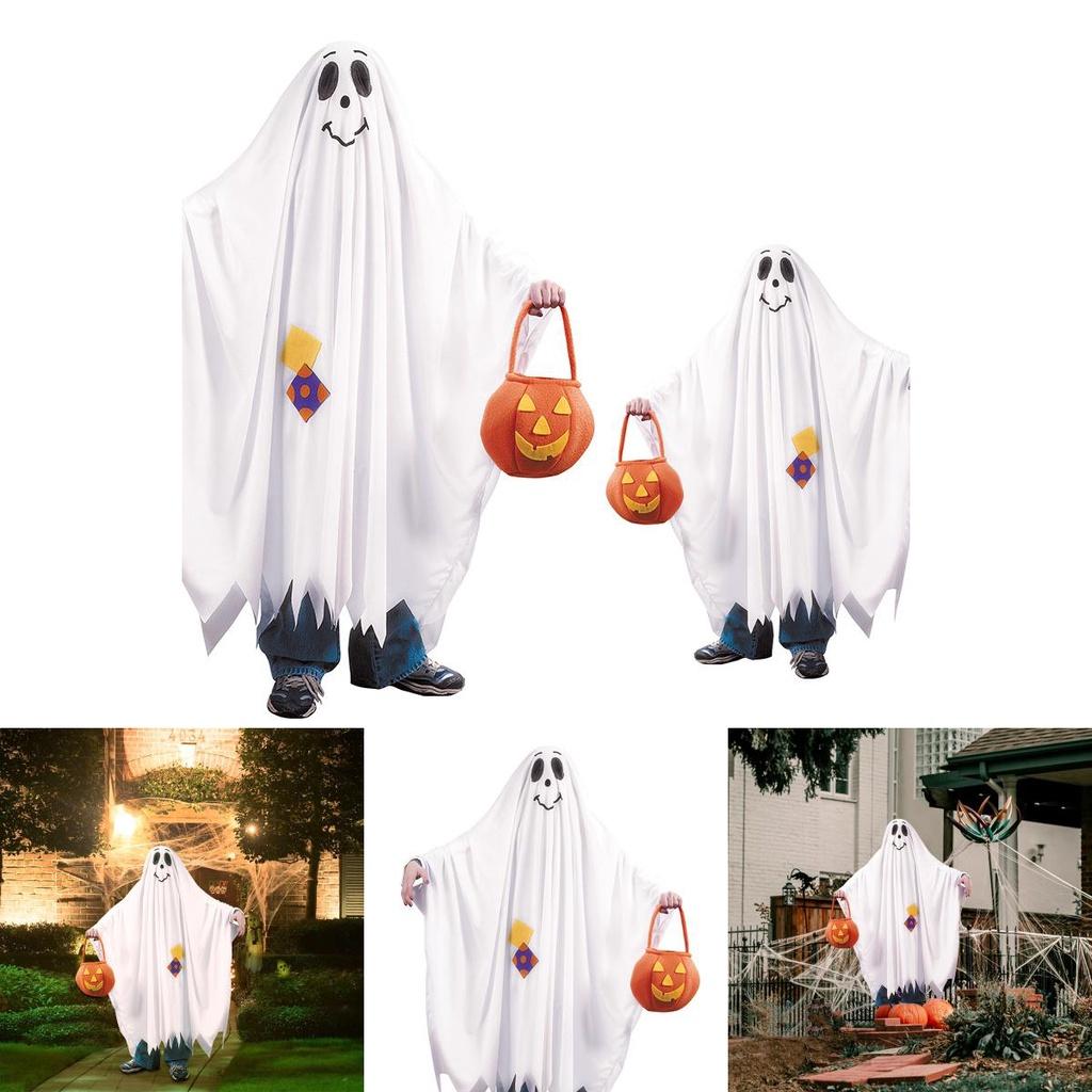 Жуткий костюм привидения на Хэллоуин для косплея с мешком для конфет в виде тыквы для детей