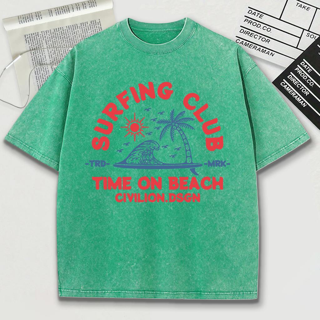 Время серфинг-клуба на пляже Принт Civilion Ретро футболки Летняя хлопковая свободная мужская футболка Мягкая спортивная одежда Стиранная одежда