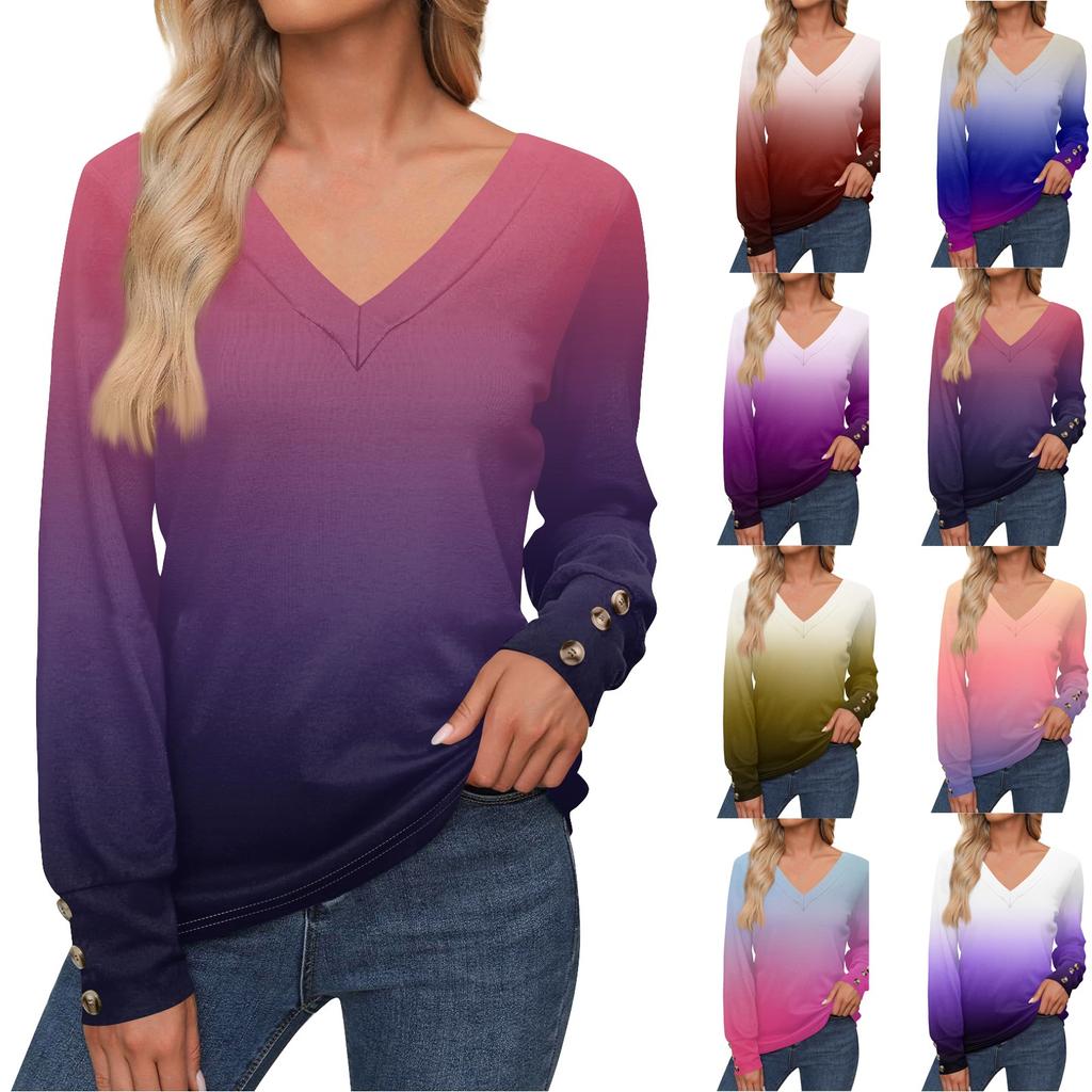 Women's Tops Gradient Printed Long Sleeve Shirt V Neck Casual Loose T-Shirt Autumn Clothing