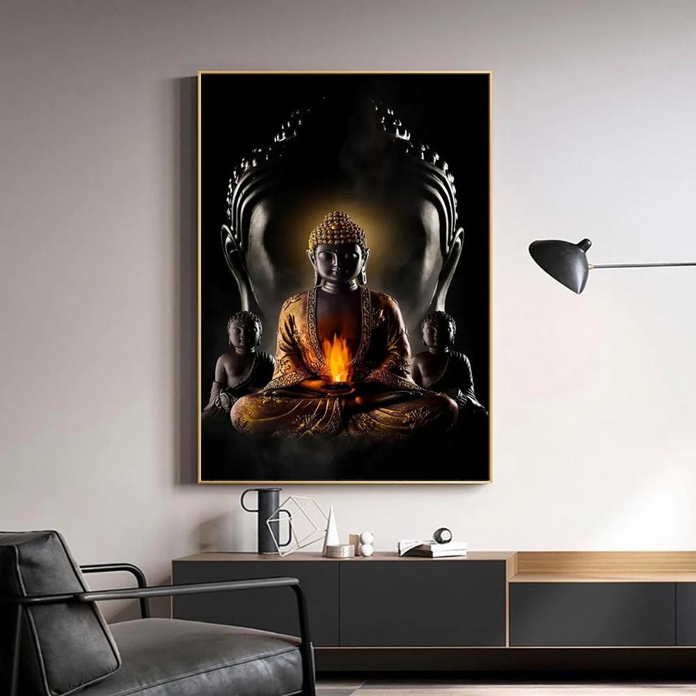 Retro Meditation Buddha Image Oil Painting Buddhist Poster Printing Canvas Wall Art Picture for Living Room Home Decoration