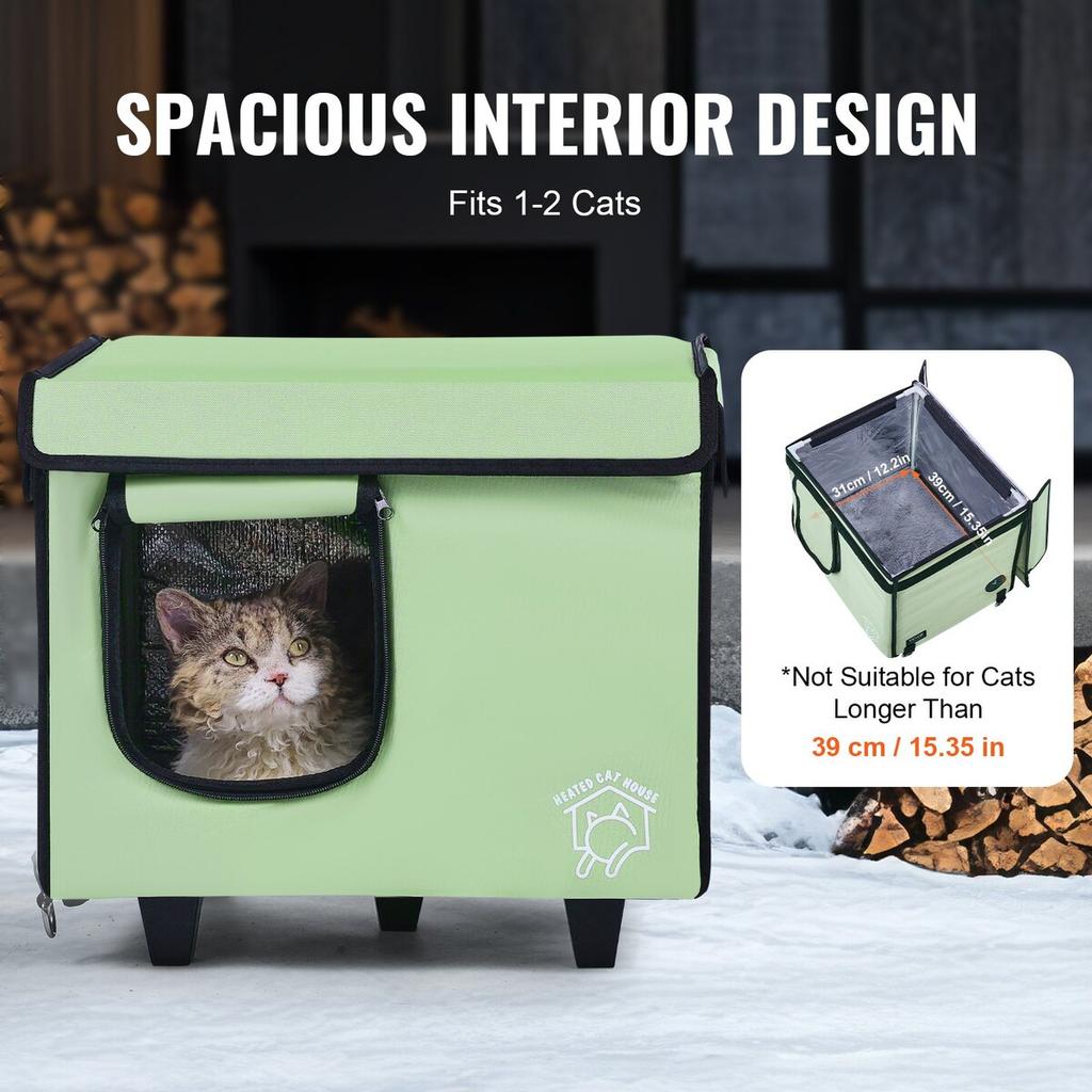 Elevated Heated Cat House Cuboid Kitty Shelter with Heated Pad Green (S)