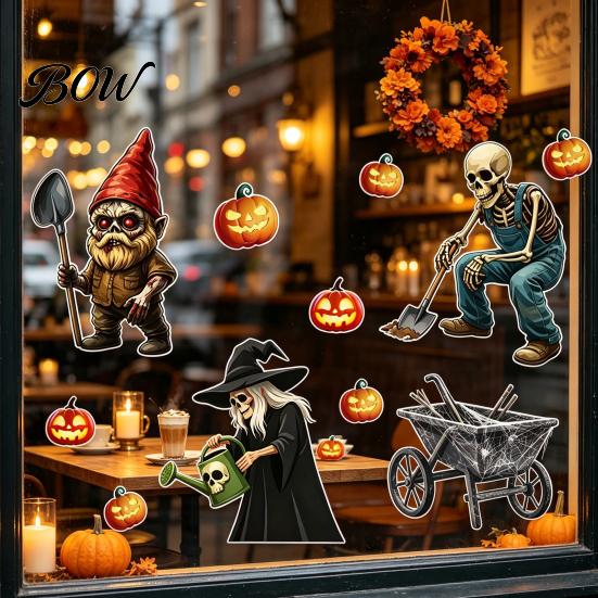 Spooky Farmhouse Party Decor Halloween Wall Sticker, Pumpkin Witch Skeleton Printed, Self-adhesive Waterproof Autumn Harvest Stickers PVC Decals, for