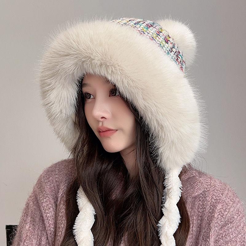 Женская термозимняя шапка из искусственного кроличьего меха, милая утолщенная белая пушистая шапка-ушанка, плюшевая шапка