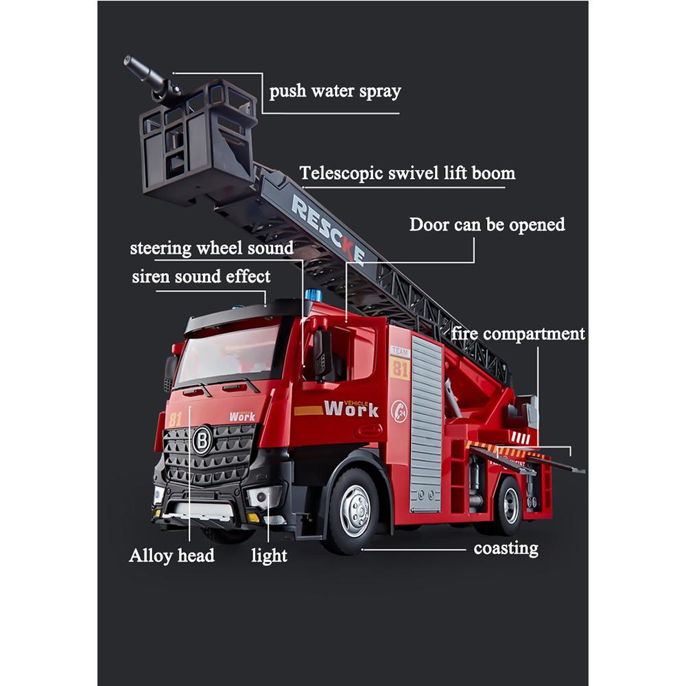 Игрушечная пожарная машина в масштабе 1/24 с металлической кабиной, световой и звуковой сиреной, рабочим водяным насосом и выдвижной вращающейся спасательной лестницей, игрушкой с фрикционным приводом