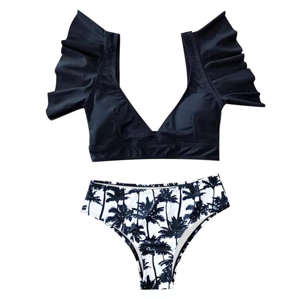 Комплект бикини с высокой талией и рюшами, сексуальный купальник-бикини с воланами, женский купальник из двух частей, пляжная одежда с цветочным принтом