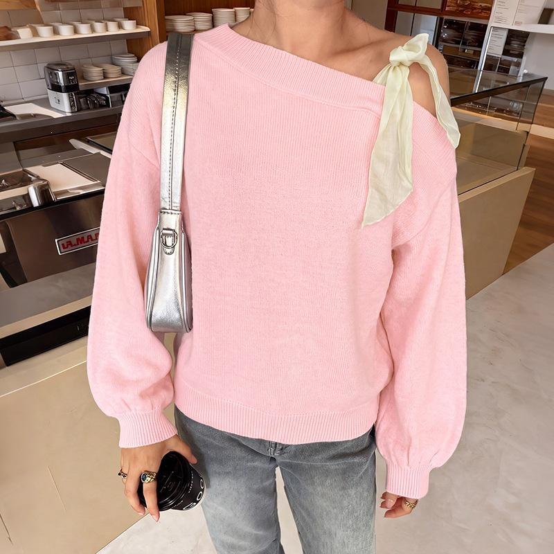 2026 Autumn Winter Asymmetrical Lace-up Bow Knit Sweater: European American Style, Long Sleeve, Women's Bestseller