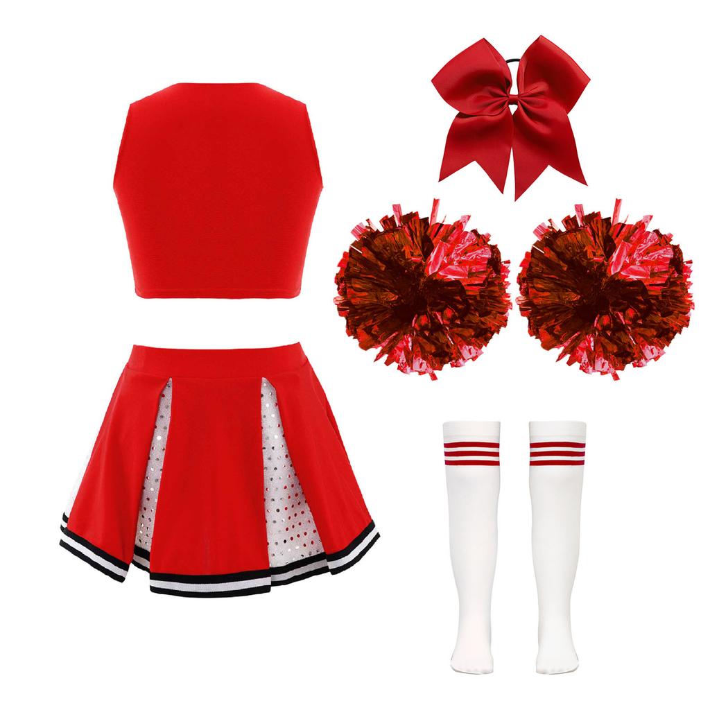 Kids Girls Sparkly Cheer Outfit Crisscross Striped V Neck Crop Top Pleated Skirt and Bow Set
