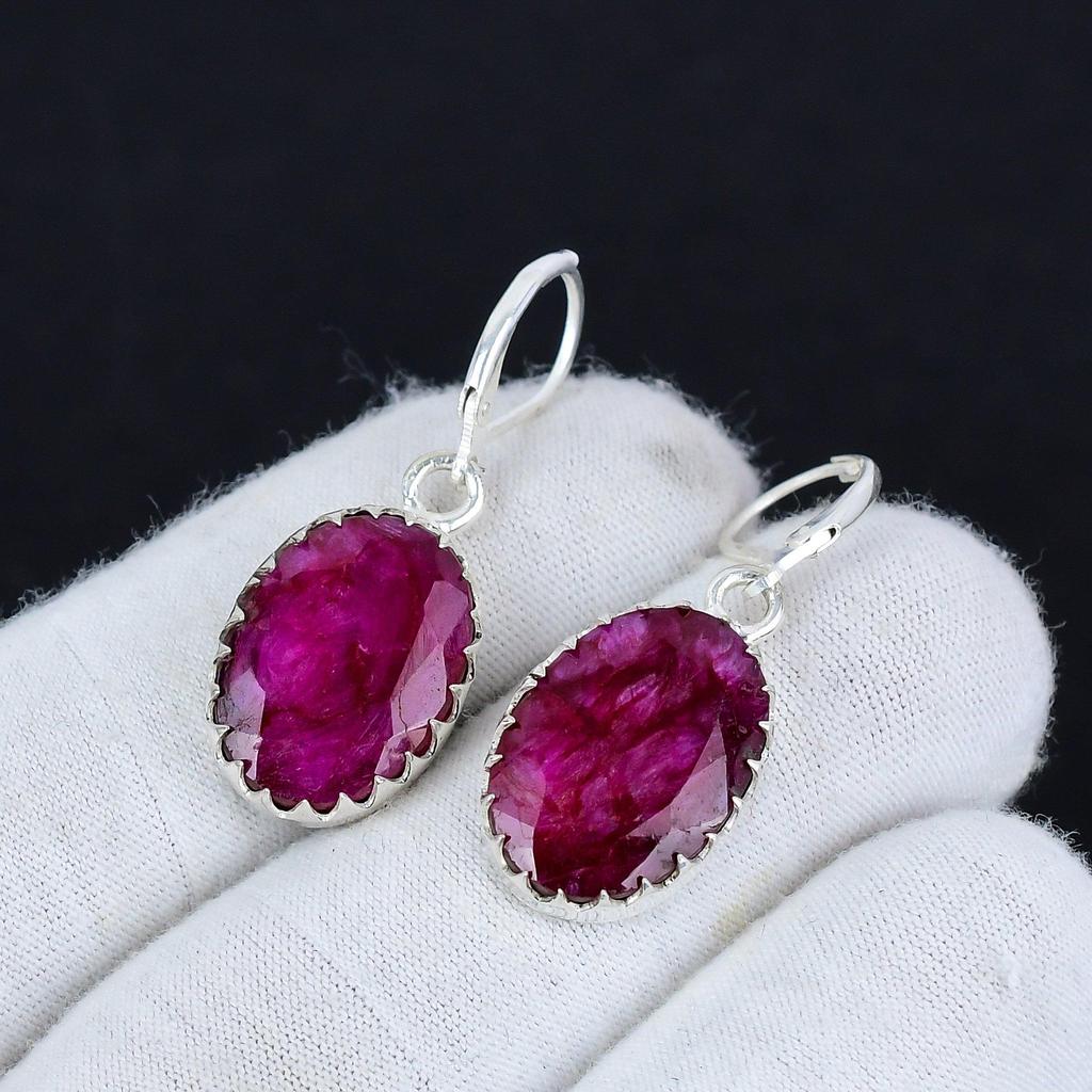 Kashmir Ruby Gemstone 925 Sterling Silver Earring, Boho Silver Jewelry Dangle Earrings, Gifts For Wadding Gifts For Her