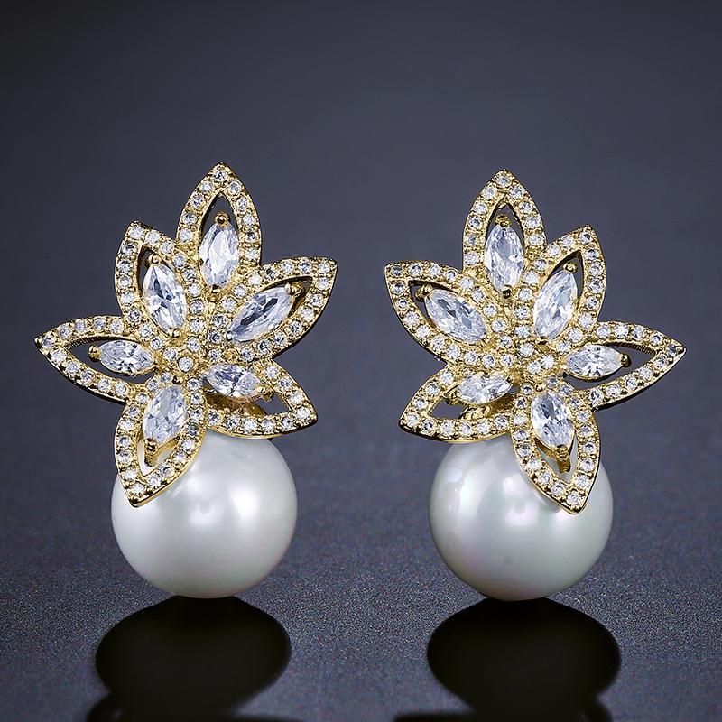 ZAKOL Temperament Imitation Zircon Flower Stud Earrings Elegant Leaf Marquise Zirconia Wedding Party Zircon for Women