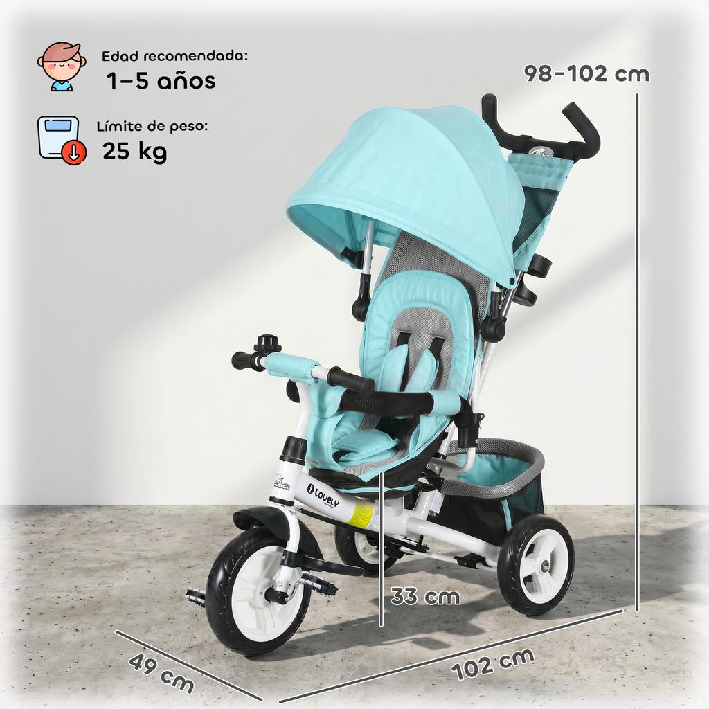 Baby Tricycle, 12+ Months, Telescopic Push Handle, Mom Bag, Bottle Holder, Mint Green