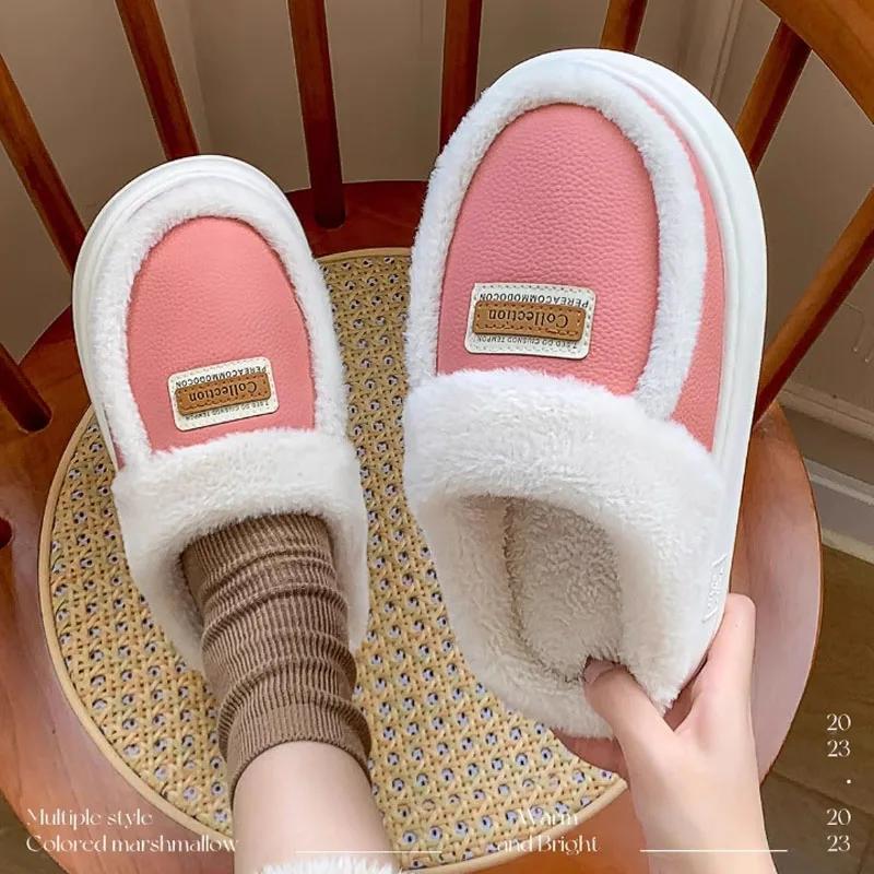Зимние женские домашние тапочки, модные кожаные плюшевые тапочки на платформе с шитьем, домашняя хлопковая обувь, флисовые теплые домашние тапочки
