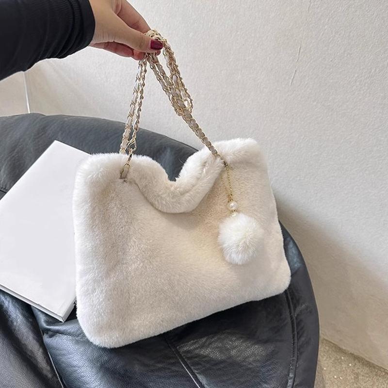 Женская пушистая сумка через плечо, мягкая плюшевая сумка-портфель из искусственного меха с подвеской, большая вместимость, женская модная дорожная сумка