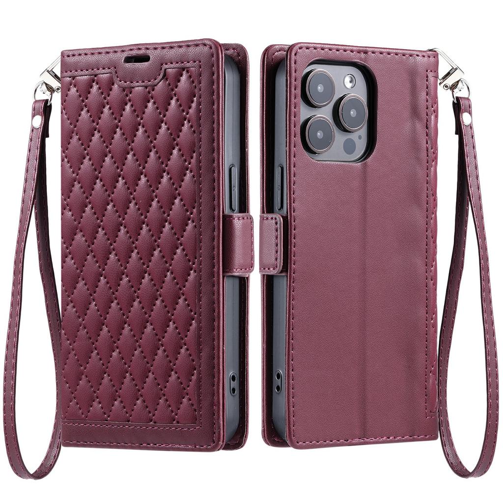 For iPhone 16 Pro Leather Case Rhombus Texture Wallet Stand Phone Cover with Wrist Strap