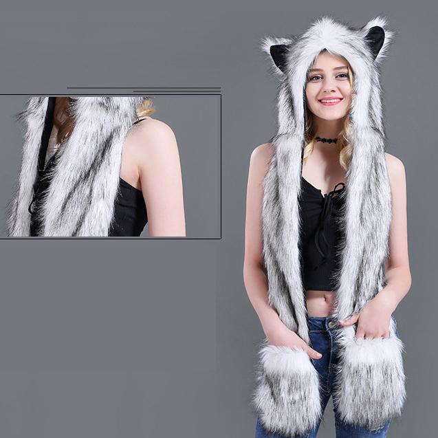 Зимние шапки из искусственного меха, милые плюшевые шапки с мультяшными животными, теплая шапка, шарф, перчатки, комплект, женские повседневные однотонные флисовые шапки для девочек, аксессуары Kawaii