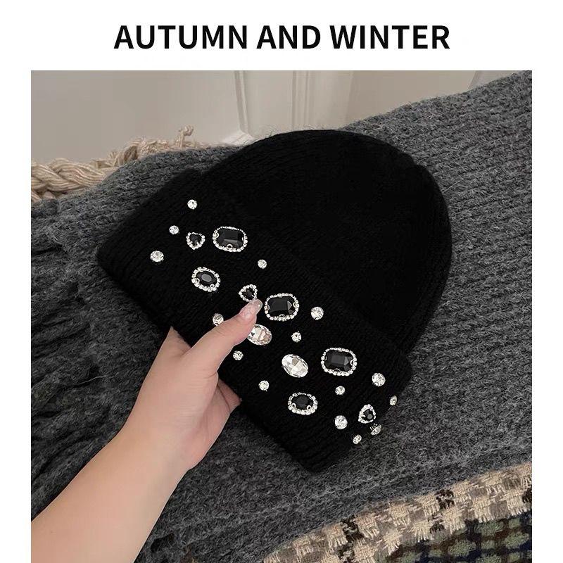 Autumn and Winter Knitted Hat Rhinestone Women's Casual Trendy Net Red Bowler Hat Warm Versatile Beanie Ear Hat