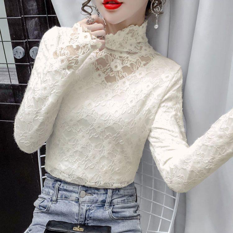 Модные женские топы больших размеров с высоким воротом и кружевом на бретельках, весна и осень, симпатичный однотонный топ-майка