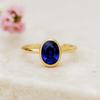 Oval Cut Blue Sapphire Solitaire Ring – Yellow Gold Plated Bezel Setting, Engagement Wedding Jewelry Gift for Women