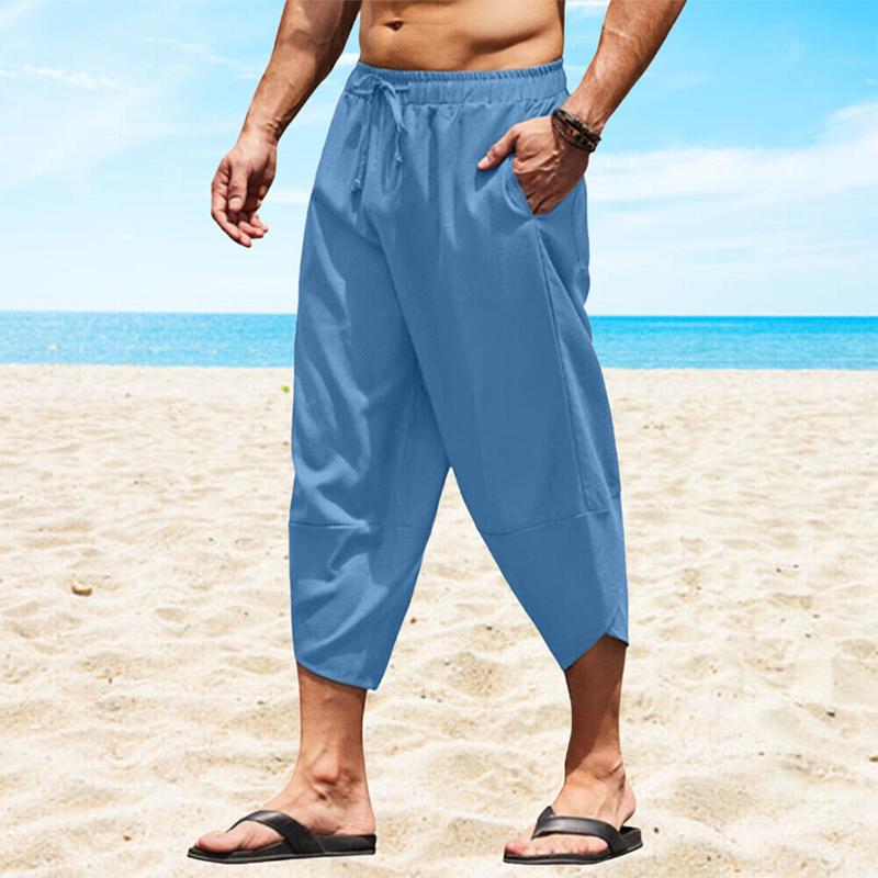 Мужские хлопковые льняные шорты 3/4 свободного кроя, брюки-бермуды, короткие летние длинные повседневные брюки