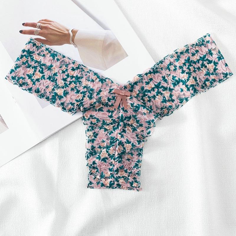 French Romantic Print Lace Thong Women's Sexy Solid Color Briefs Seamless One Piece Beach Panties V-String Underwear EMA