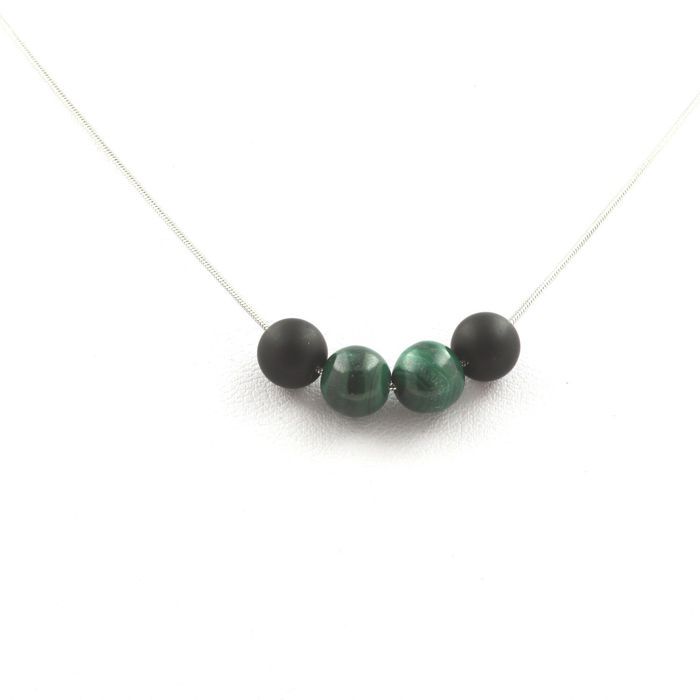 Stones and Minerals. Matte Black Onyx Pearl Necklace + 8 Mm Congo Malachite Stainless Steel Chain.