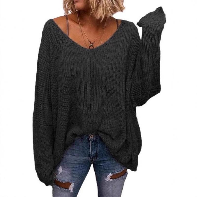 Womens V-Neck Loose Long Sleeve Knit Sweater Winter Casual Home Outfit