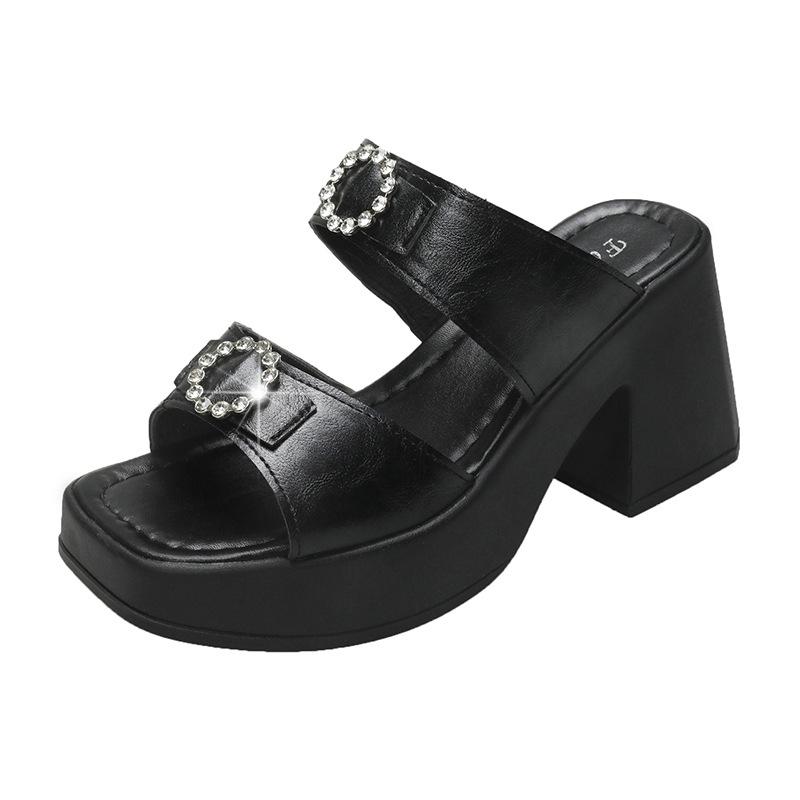 Большие размеры тапочек женские летние толстые туфли на высоком каблуке One Word Shoes для улицы сандалии с квадратным носком тапочки женские модные женские дышащие туфли