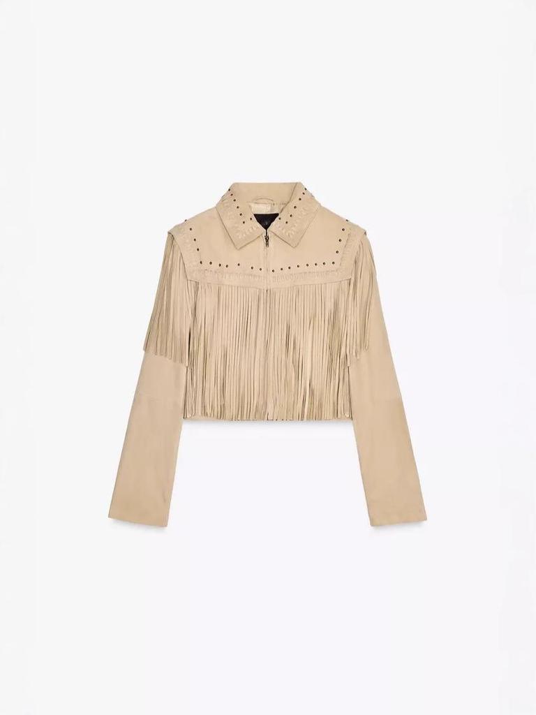 Женская кожаная куртка с ретро-кисточками и заклепками, лето 2025