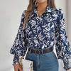 Women Shirt Lapel Lantern Long Sleeve Elastic Cuffs Casual Tops Single Breasted Flower