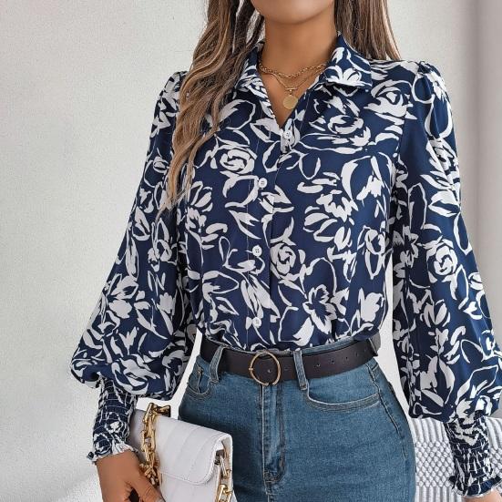 Women Shirt Lapel Lantern Long Sleeve Elastic Cuffs Casual Tops Single Breasted Flower
