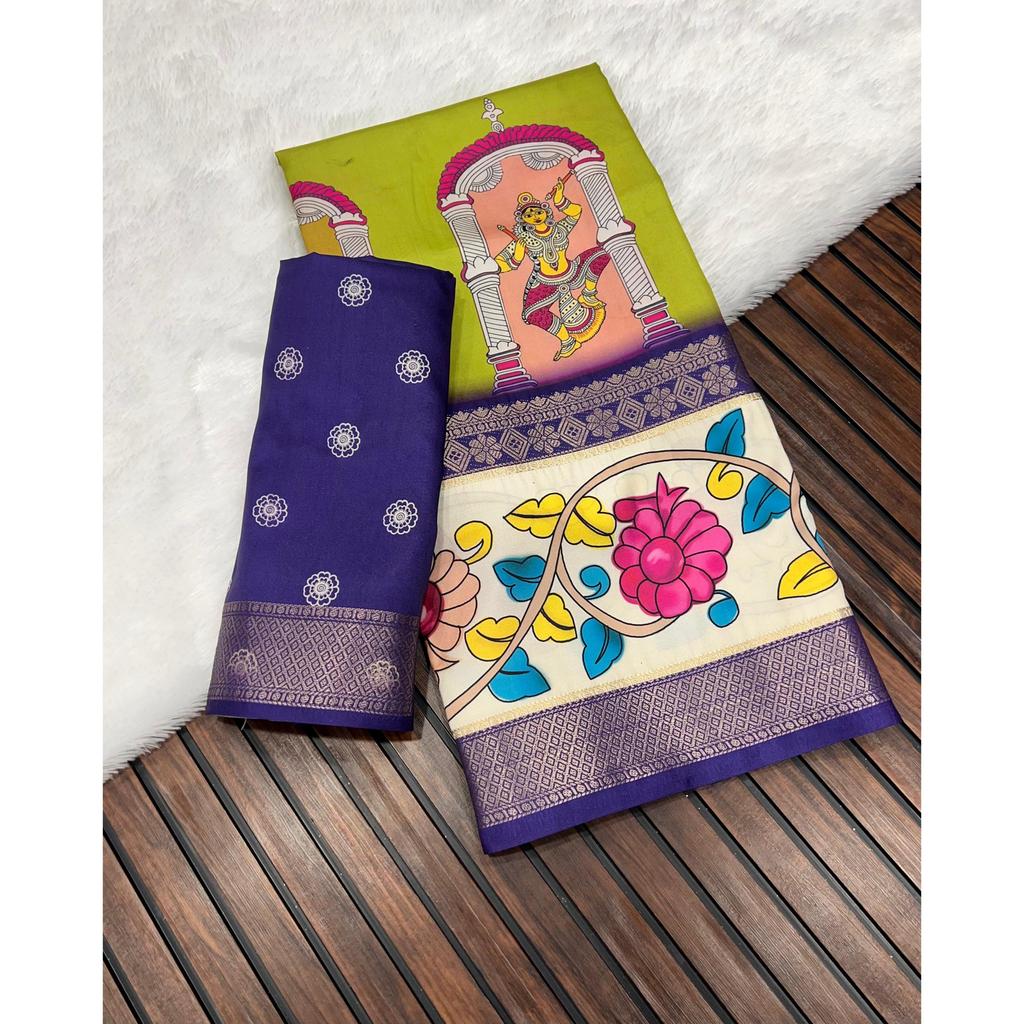 Pure Soft Lichi Silk Original Viscose Dayebal Jari Weveing Jaqucard Border Ultra HD High Quality 3D Pen Kalam Kari Printing Pallu