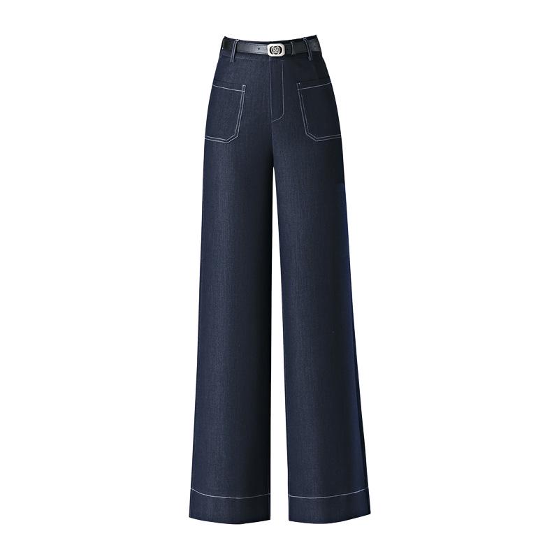 Spring 2025 Women's High-Waist Wide-Leg Denim Trousers - Slim Fit, Drape, Straight-Leg Design for Mature Styles
