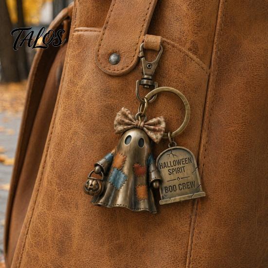Halloween Charm Keychain Mini Bow Ghost Pendant with Tombstone Tag, Spliced Patch And Pumpkin Keychaine Basket, Retro Rotating Lobster Clasp Key Ring