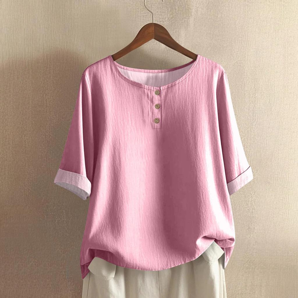 Women's Fashionable And Casual Shirt Half-sleeve Round Neck Solid-color Cotton And Linen Blouse Top