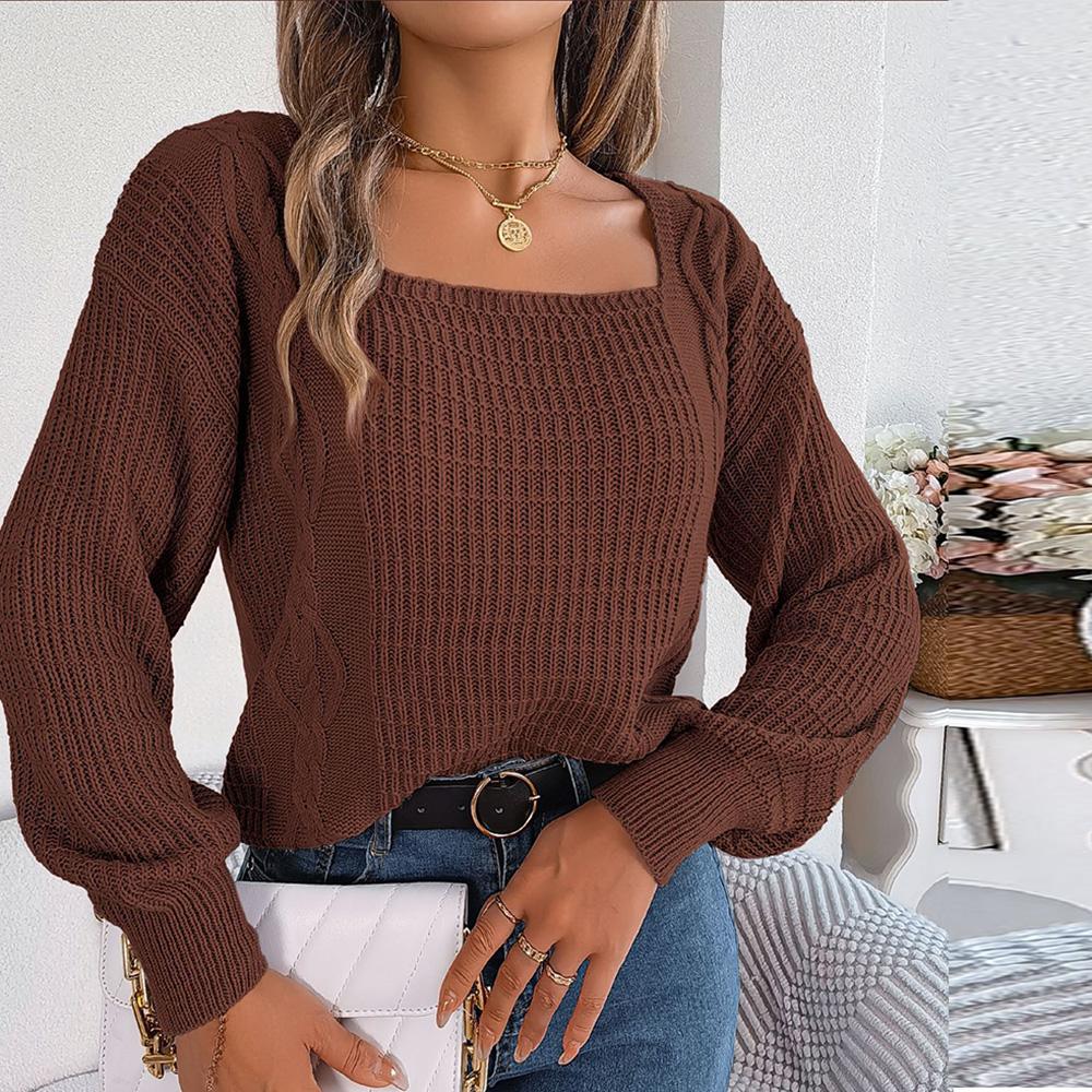 Женский осенне-зимний повседневный однотонный вязаный пуловер с квадратным вырезом и рукавами-фонариками, с квадратным вырезом