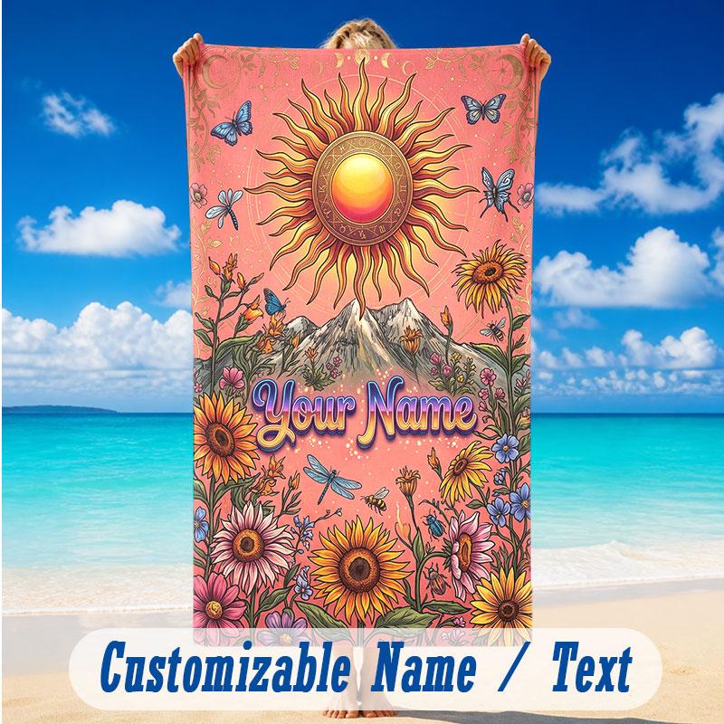 Floral Garden Theme Beach Towel Personalized Custom Name & Text Soft Quick Dry Beach Towel for Swimming Travel