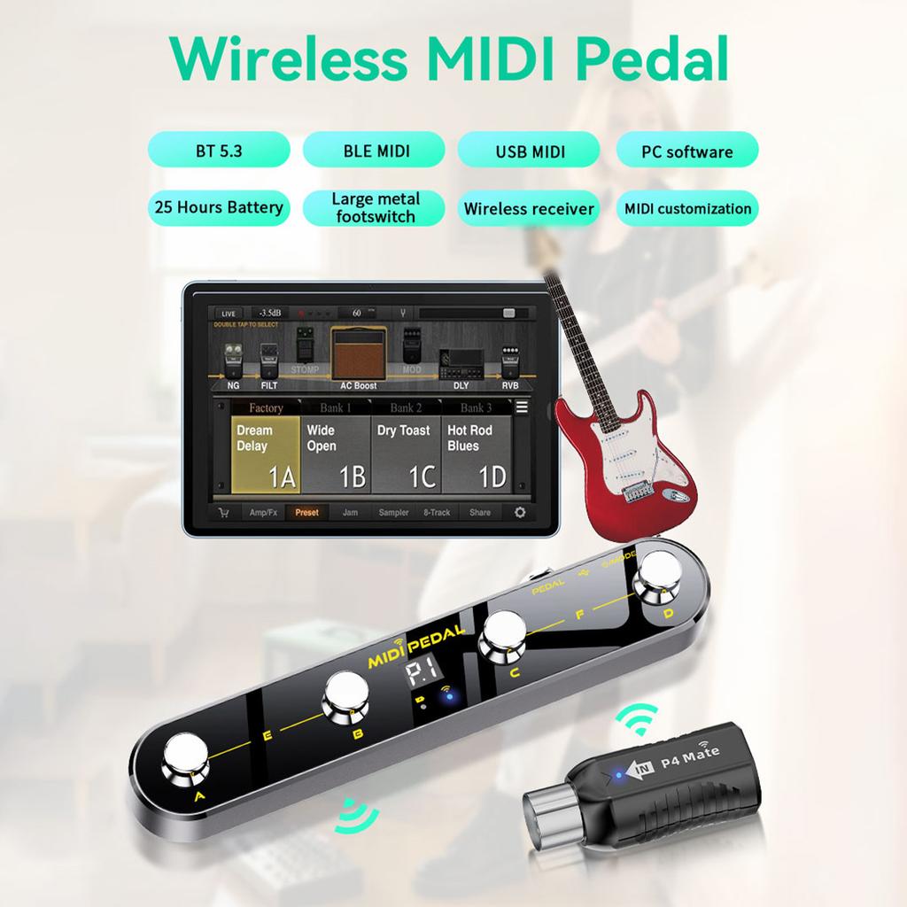 Беспроводная MIDI-педаль-контроллер 5 режимов Цифровой дисплей 25 часов USB Педаль-переключатель Металлический переключатель Беспроводной приемник для микшера Электрический