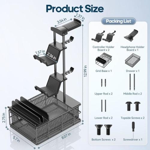 KDD Controller Stand with Drawer, Headphone Stand with Cable Holder, Game Controller Storage, Non-Slip Headphone Hanger, Stable and Durable Stand, Hea
