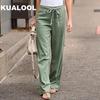 Women Solid Linen Pants Lace Up Elastic Waist Loose Wide Leg Trousers Summer Casual Long Pants Plus Size S-5XL
