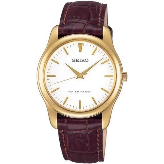 SEIKO SELECTION SCXP032 mens unisex wristwatch battery-operated quartz case width 35mm leather belt white dial yellow gold stainless steel.