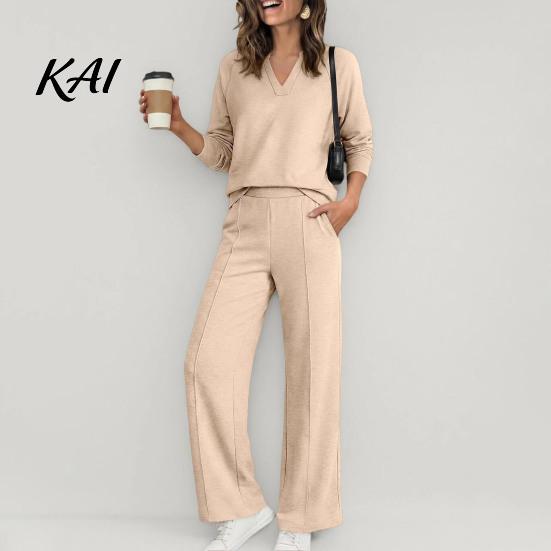 Women Sweatshirt Pants 2-Piece Set, V-Neck Long Sleeve Top & Wide Two Piece Sets Leg Trousers with Elastic Waist, Solid Color Matching Lounge Set