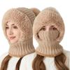 Women Winter Hat with Integrated Scarf Thick Warm Plush Lining Knitted