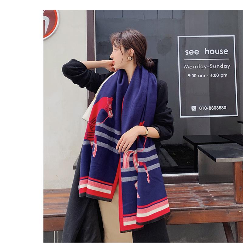 Толстый теплый зимний шарф, роскошный дизайн, принт лошади, женский кашемировый шаль из пашмины, женские шарфы с запахом, женский платок, одеяло, пончо